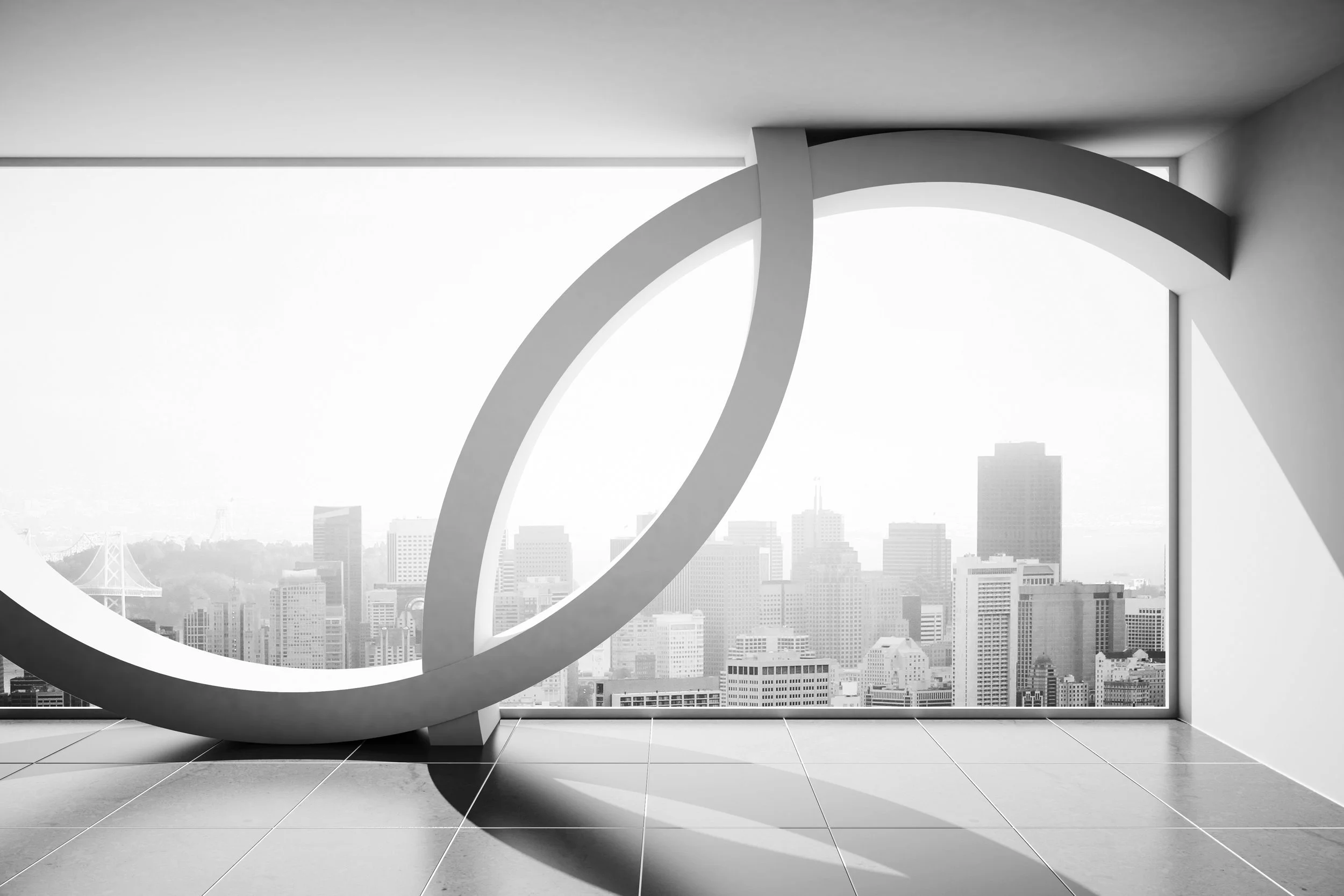 An architectural image of an internal building looking out to the city skyline